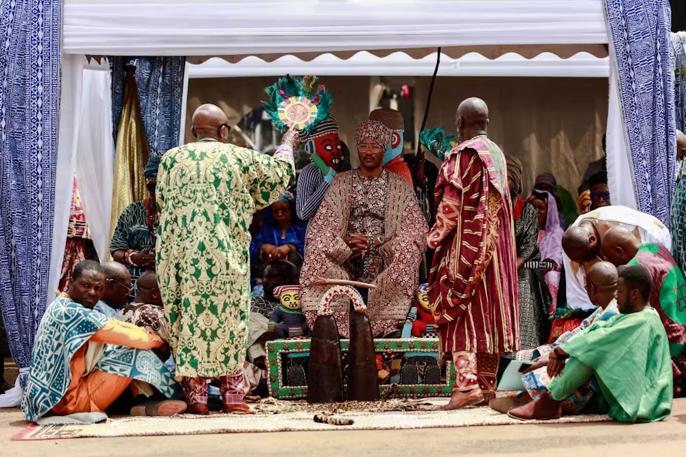 King Nji Mforifum Mbombo Njoya Mohammad Nabil (centre) attending the museum opening. Daniel Beloumou Olomo/AFP/Getty Images
