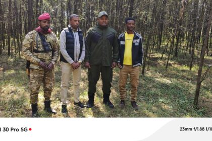 Ethiopian military personnel Major Mulat Sisay and Lieutenant Getinet Niguisse with Zemene Kassa one of Fano leaders, after they defected from the Ethiopian Defense Forces (ENDF) to join the Fano militia, escalating tensions in the Amhara region.