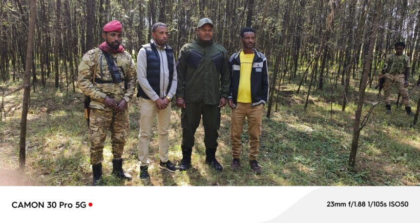 Ethiopian military personnel Major Mulat Sisay and Lieutenant Getinet Niguisse with Zemene Kassa one of Fano leaders, after they defected from the Ethiopian Defense Forces (ENDF) to join the Fano militia, escalating tensions in the Amhara region.