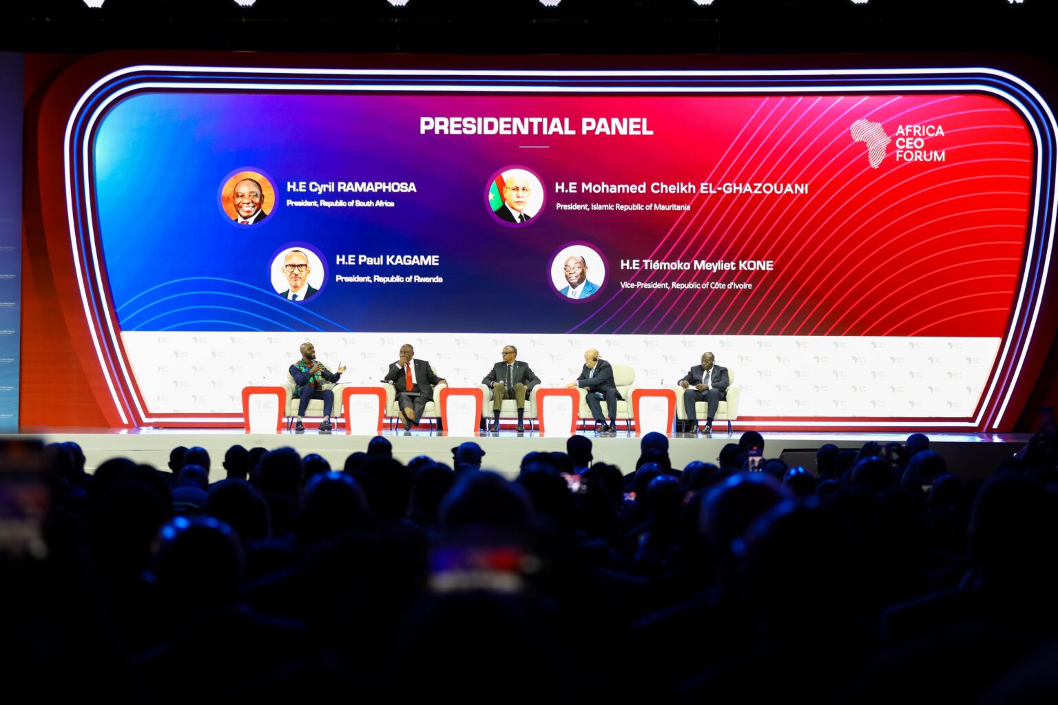 The Presidential Panel, held on the first day of the Africa CEO Forum, featured President Paul Kagame of Rwanda, President Cyril Ramaphosa of South Africa, President Mohamed Ould Ghazouani of Mauritania, and Vice President Tiémoko Meyliet Kone of Côte d'Ivoire.