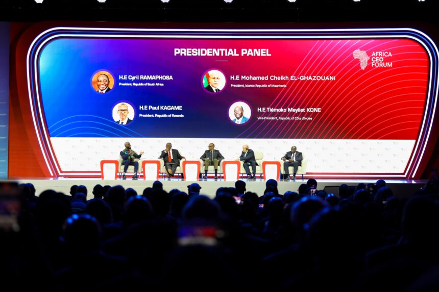 The Presidential Panel, held on the first day of the Africa CEO Forum, featured President Paul Kagame of Rwanda, President Cyril Ramaphosa of South Africa, President Mohamed Ould Ghazouani of Mauritania, and Vice President Tiémoko Meyliet Kone of Côte d'Ivoire.