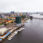 Aerial view of victoria island in Lagos Nigeria with habours for yatches