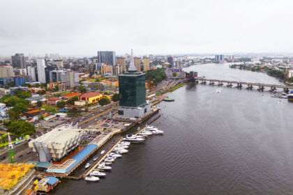 Aerial view of victoria island in Lagos Nigeria with habours for yatches