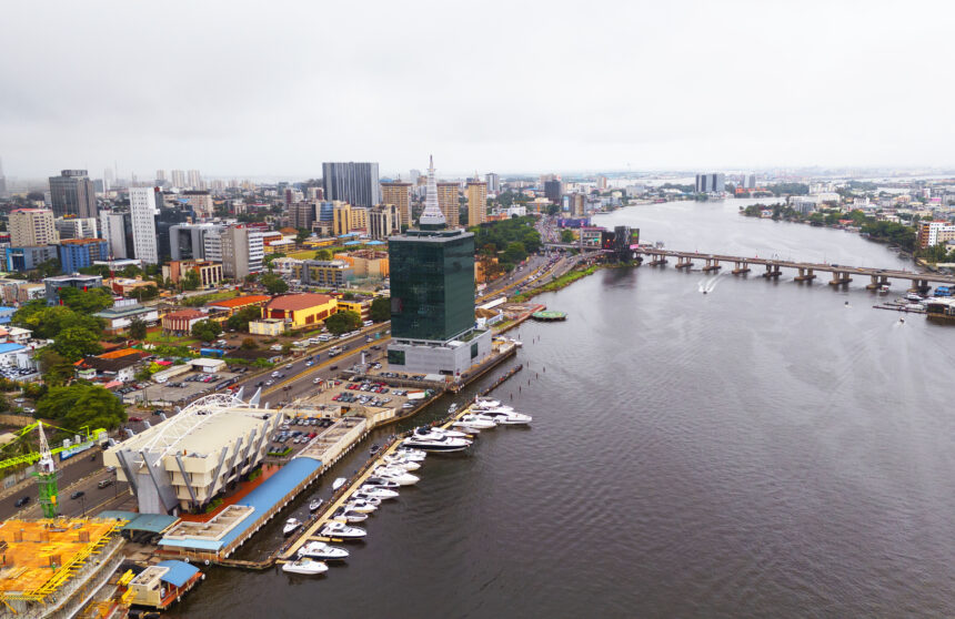 Aerial view of victoria island in Lagos Nigeria with habours for yatches