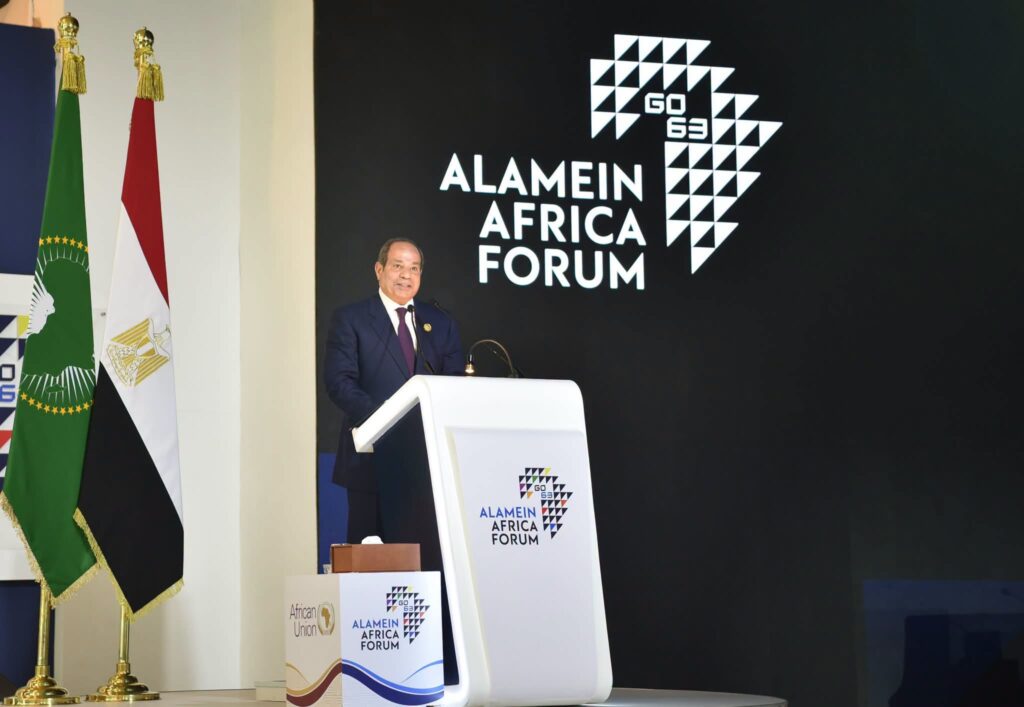 Egypt Sisi Addressing a high-level audience of African heads of state, top officials, and business leaders in Alamein-Africa Forum