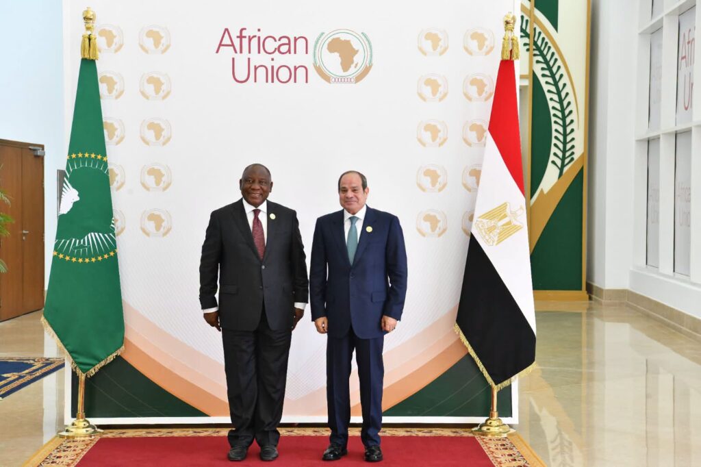 Egyptian President Abdel Fattah Al-Sisi with South African President Cyril Ramaphosa at AU meetings in Alamein, Egypt